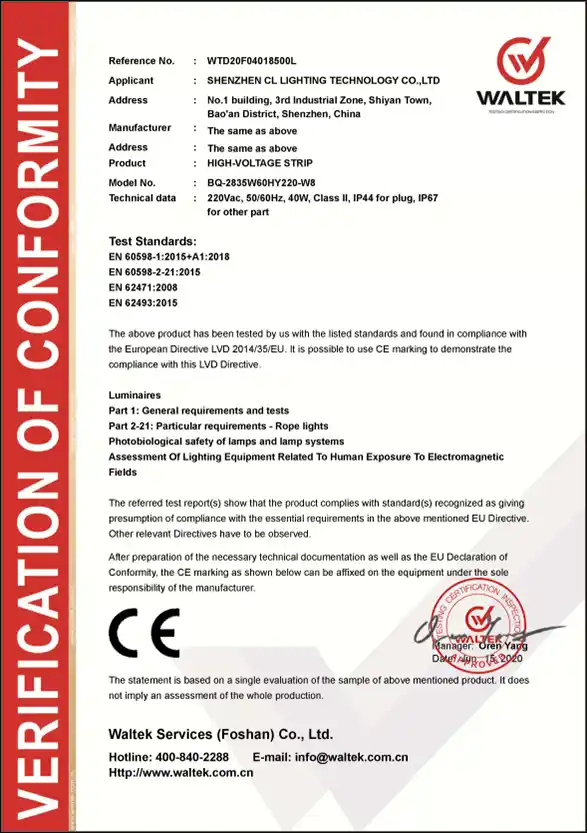 CE LVD certificate for high‑voltage LED strip, EU electrical safety compliance document