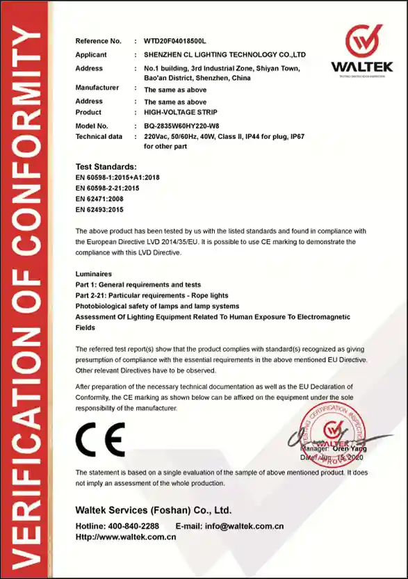 CE LVD verification certificate for high‑voltage LED strip, EU safety compliance