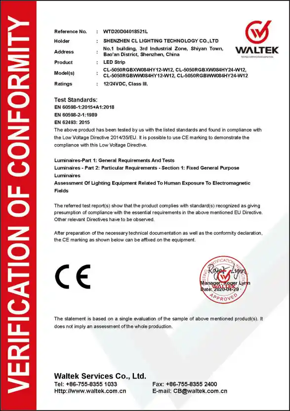 CE LVD certification for LED strip, EU compliance certificate
