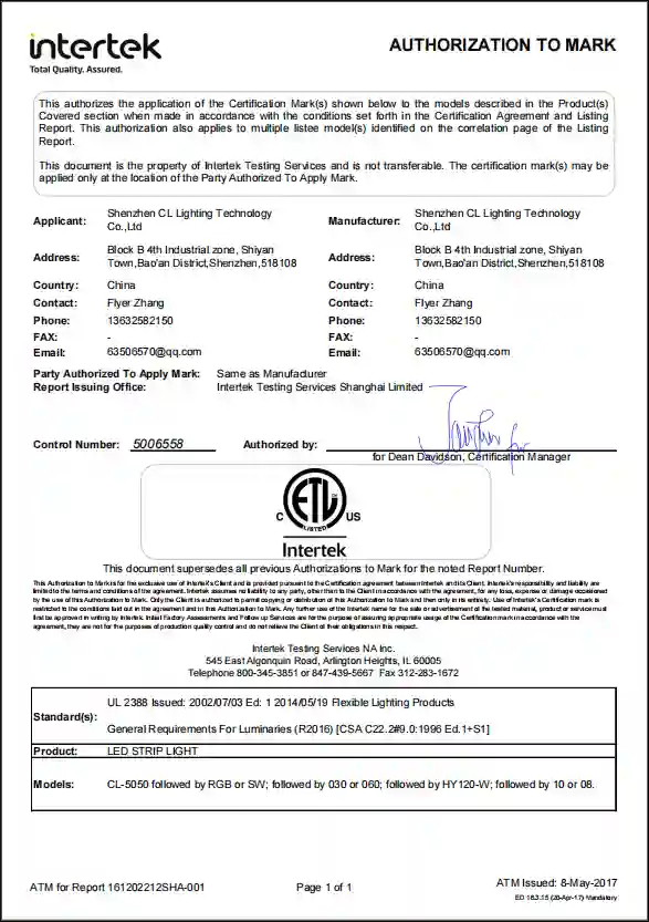ETL certification authorization for LED strip light, Intertek UL2388 certificate