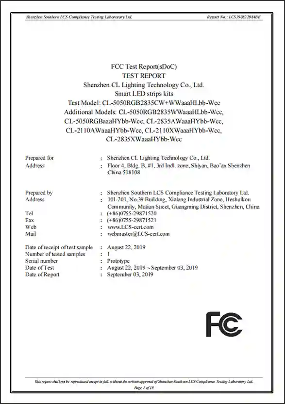 FCC DoC test report for smart LED strips kits, US market compliance certificate