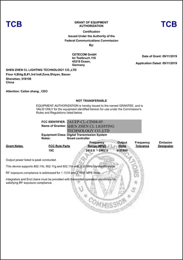 FCC ID grant certificate for smart LED lighting WiFi controller, North America RF certification