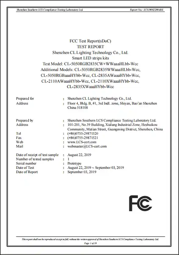 FCC sDoC test report for smart LED strip kits, USA market compliance