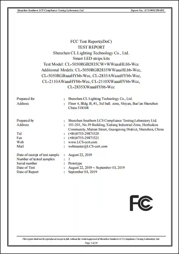 FCC DoC test report for smart LED strip kits, US market compliance certificate