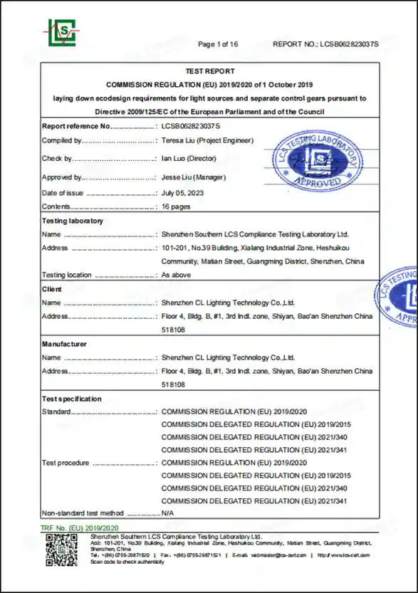 EU ErP test report for LED lighting, EU ecodesign compliance certificate