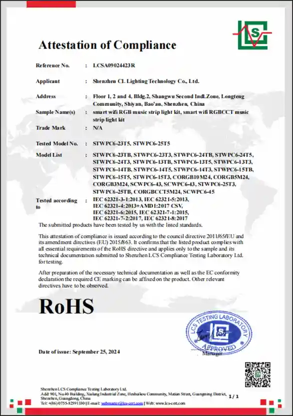 RoHS compliance attestation for smart WiFi RGB RGBCCT music LED strip light kit