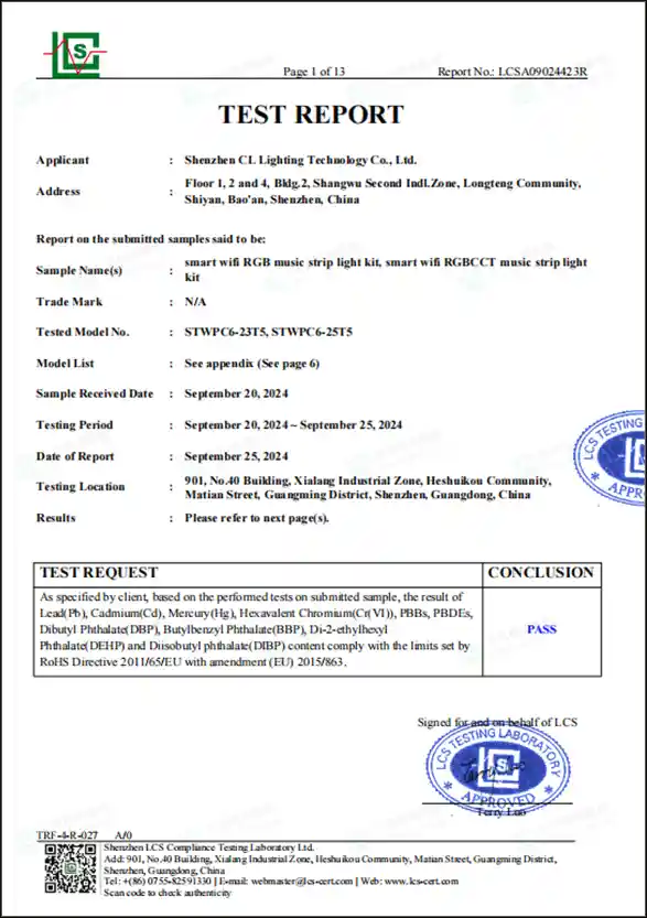 RoHS 2.0 test report for smart wifi RGB music strip light kit, EU RoHS compliance certificate