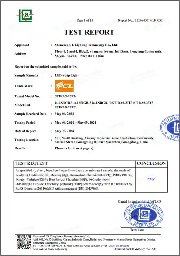 RoHS 2.0 test report for LED strip light, EU hazardous‑substance compliance certificate