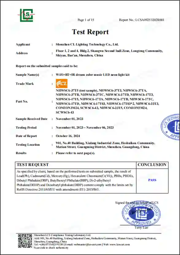 RoHS 2.0 test report for WiFi BT IR dream color music LED neon light kit