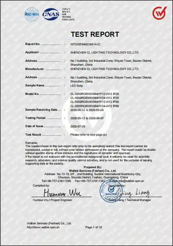 Test report for 5050 RGB LED strip, LED lighting third‑party test certificate