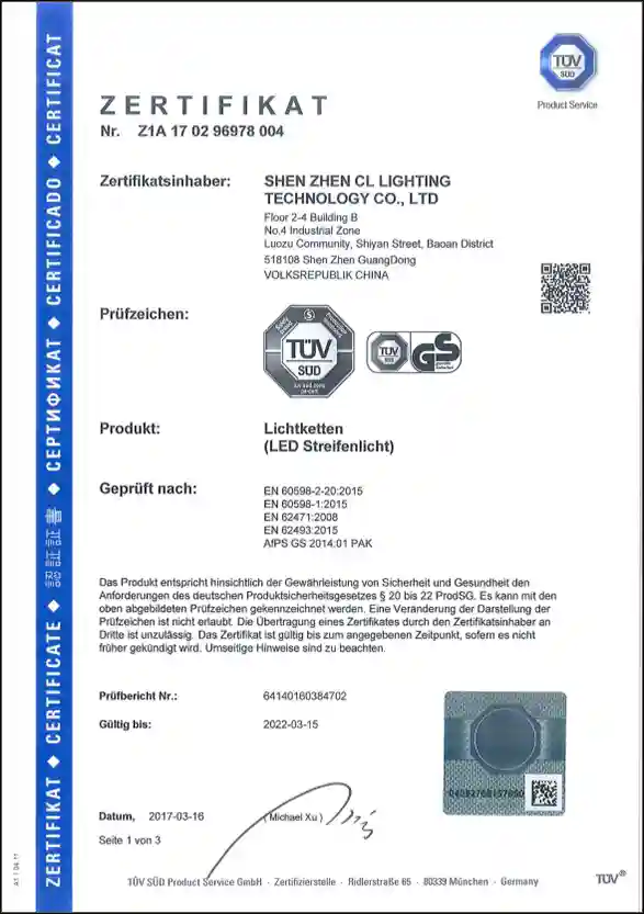 TUV SUD GS certificate for LED strip light, German safety certification