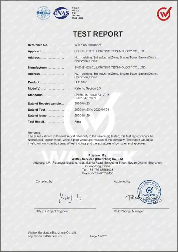 CE EMC test report for LED strip, EU electromagnetic compatibility compliance certificate