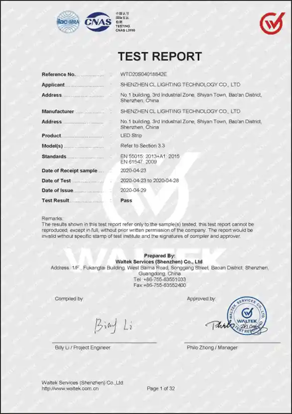 EMC test report for LED strip, EN55015 EN61547 electromagnetic compatibility test